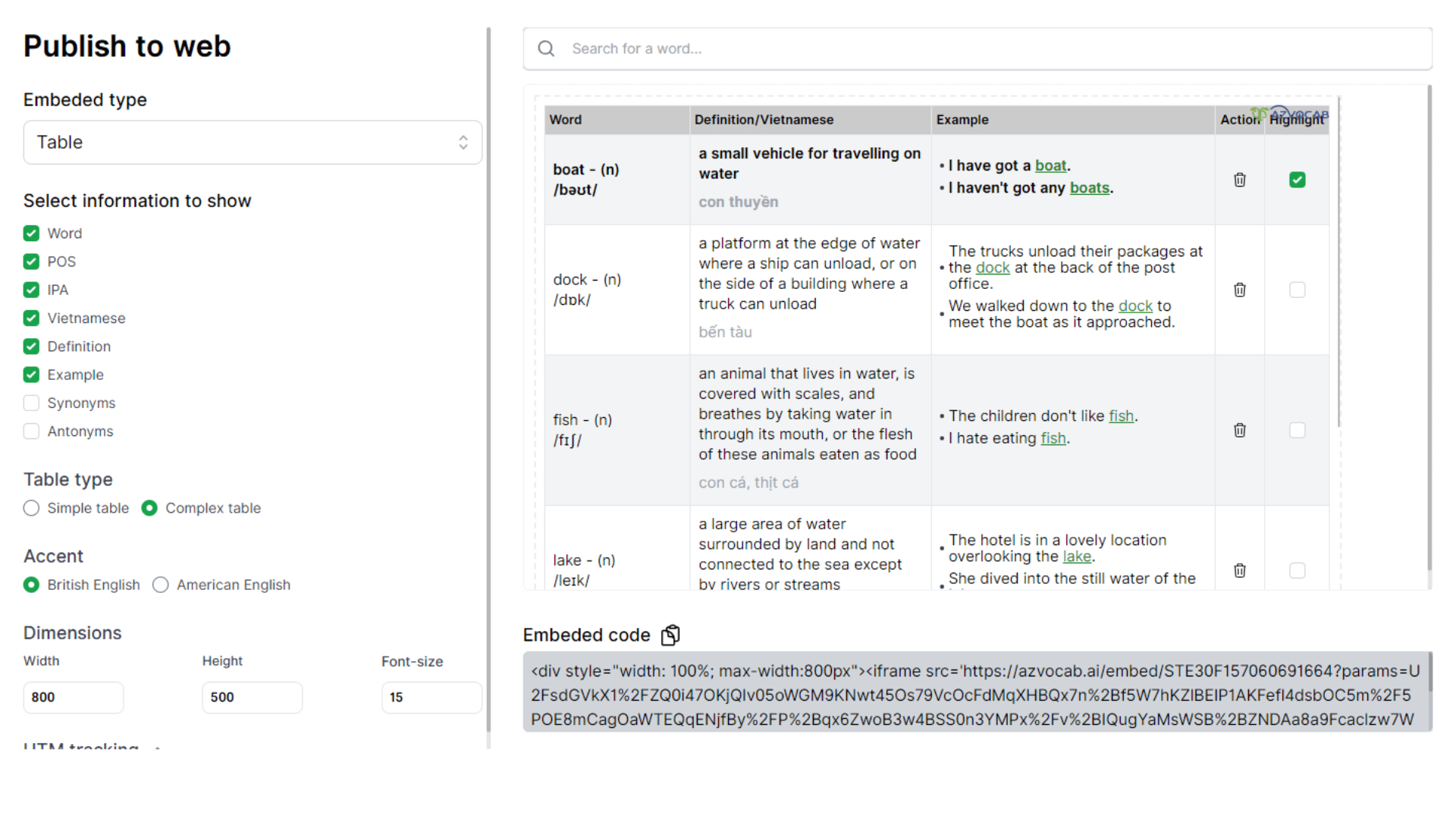 Customize features on the Complex Table interface