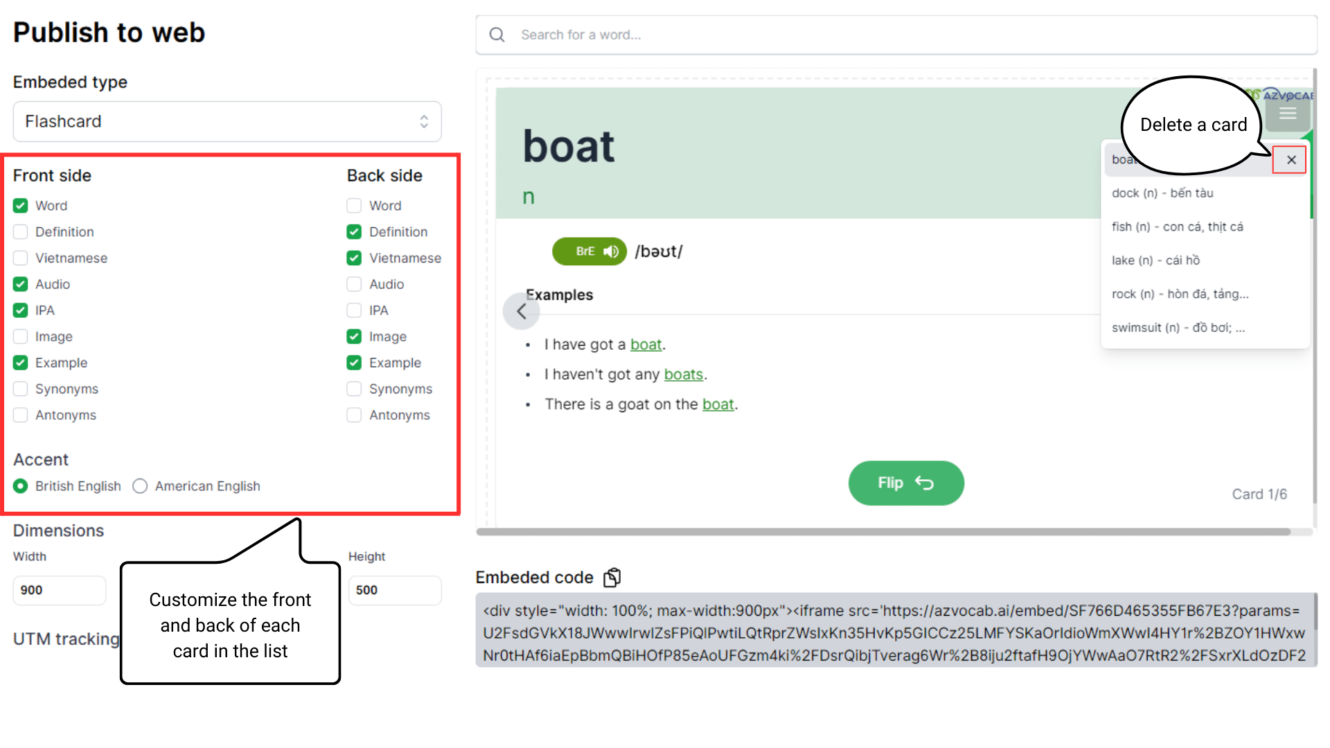 Customize features on the Flashcard interface