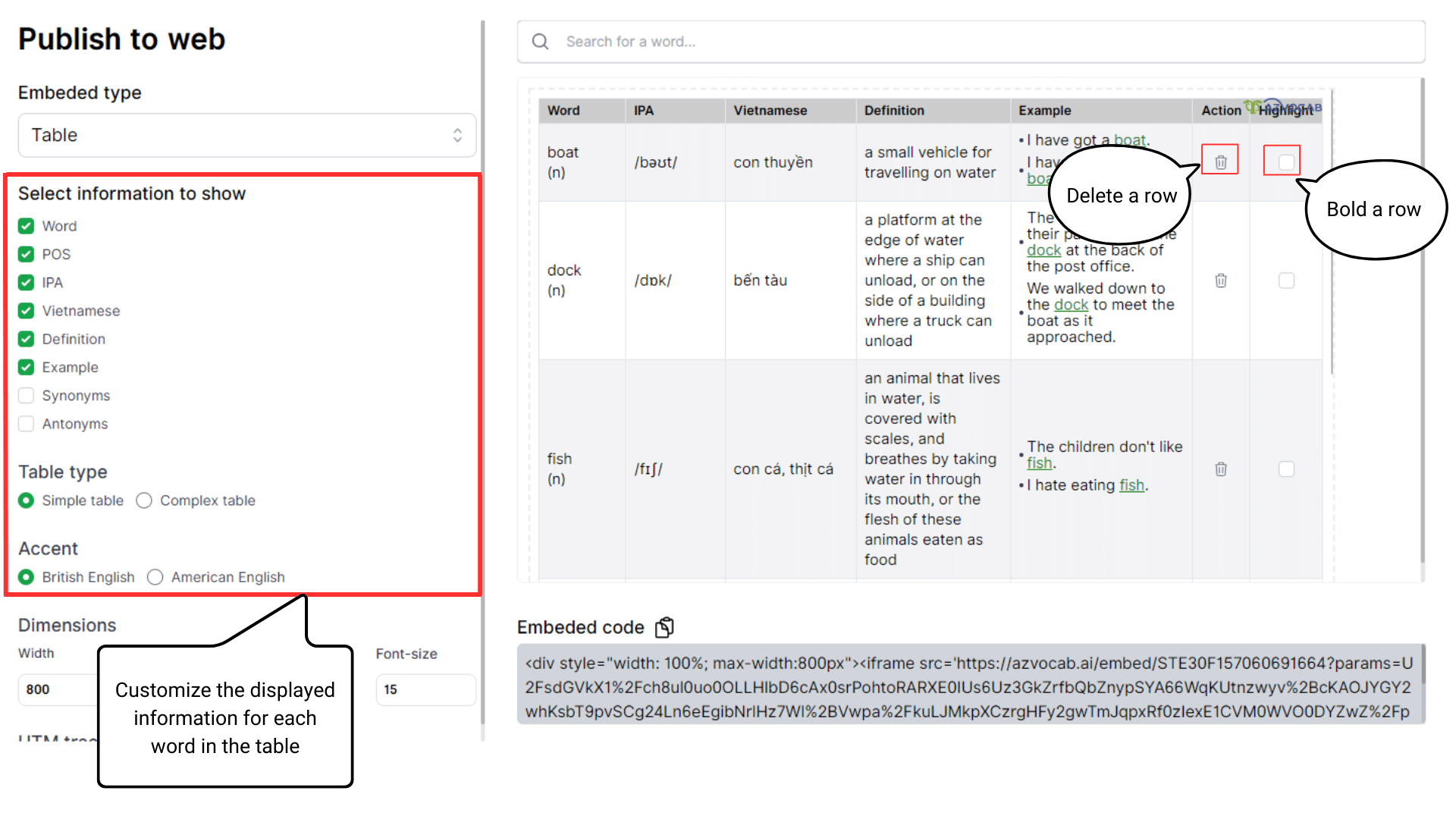 Customize features on the Simple Table interface