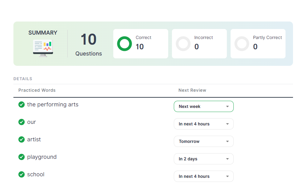 The Result of a Learning Session on azVocab