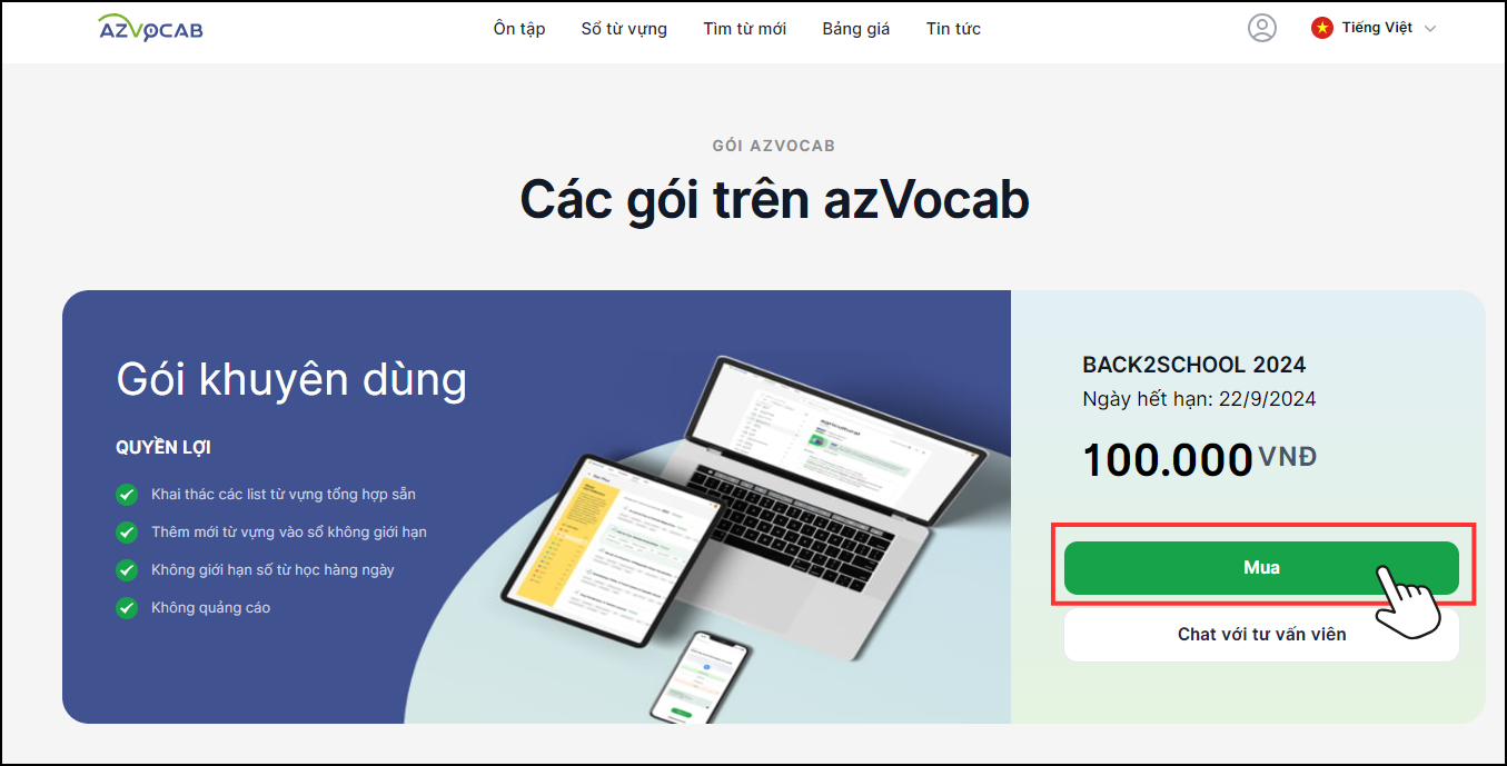 mua gói azVocab 1 tháng