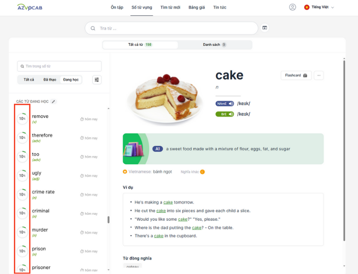 Điểm thành thạo từ vựng hiển thị bên cạnh từ trong Sổ từ vựng