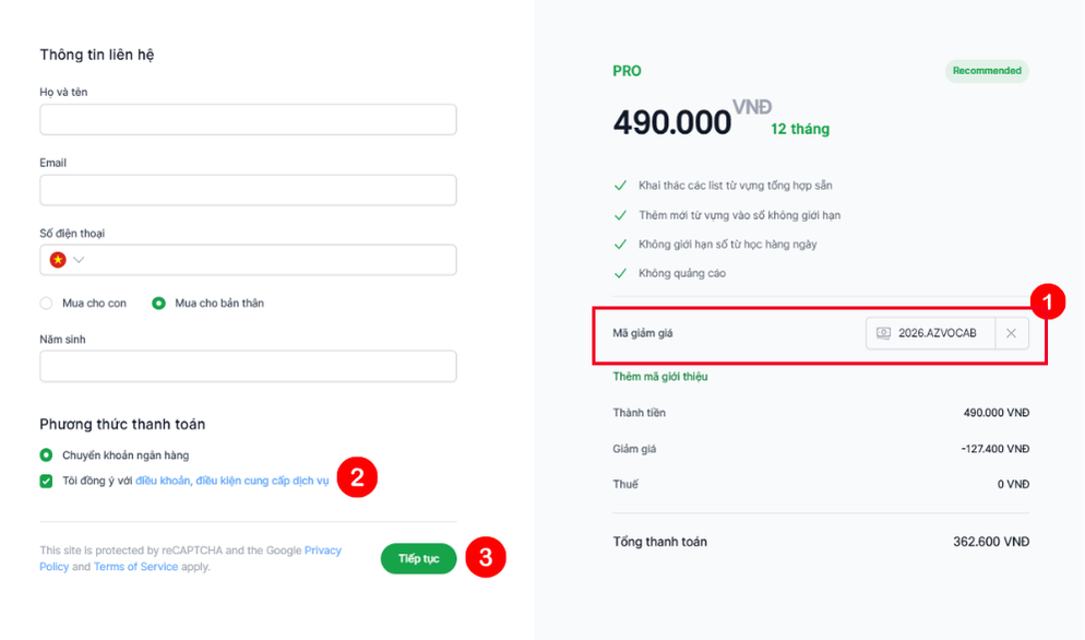 HƯỚNG DẪN ÁP DỤNG MÃ HỌC BỔNG AZVOCAB