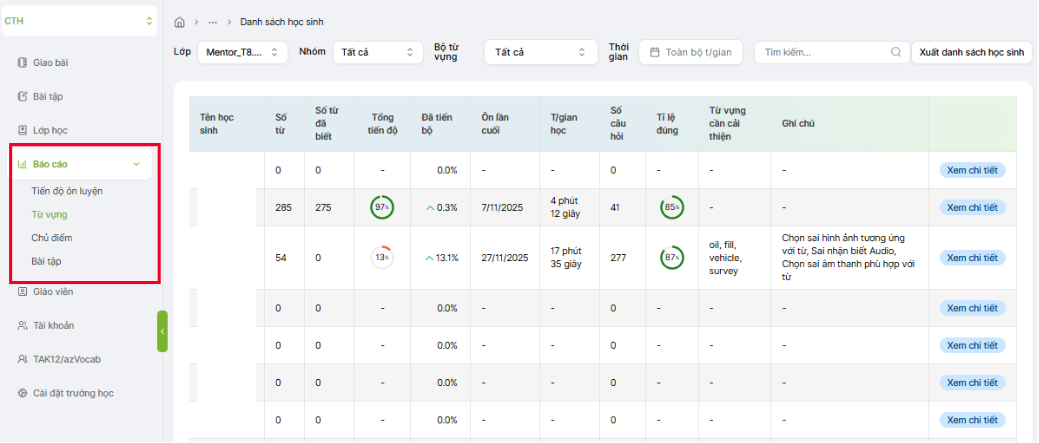Báo cáo từ vựng TAK12 School