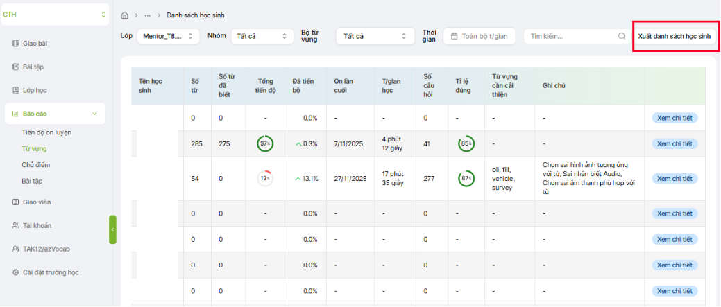 xuất báo cáo từ vựng