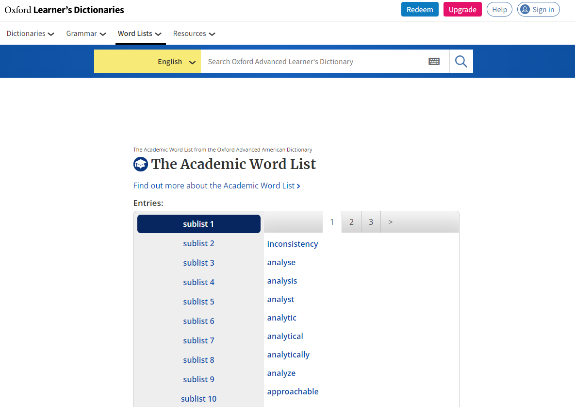 AWL trên Oxford Learner's Dictionaries