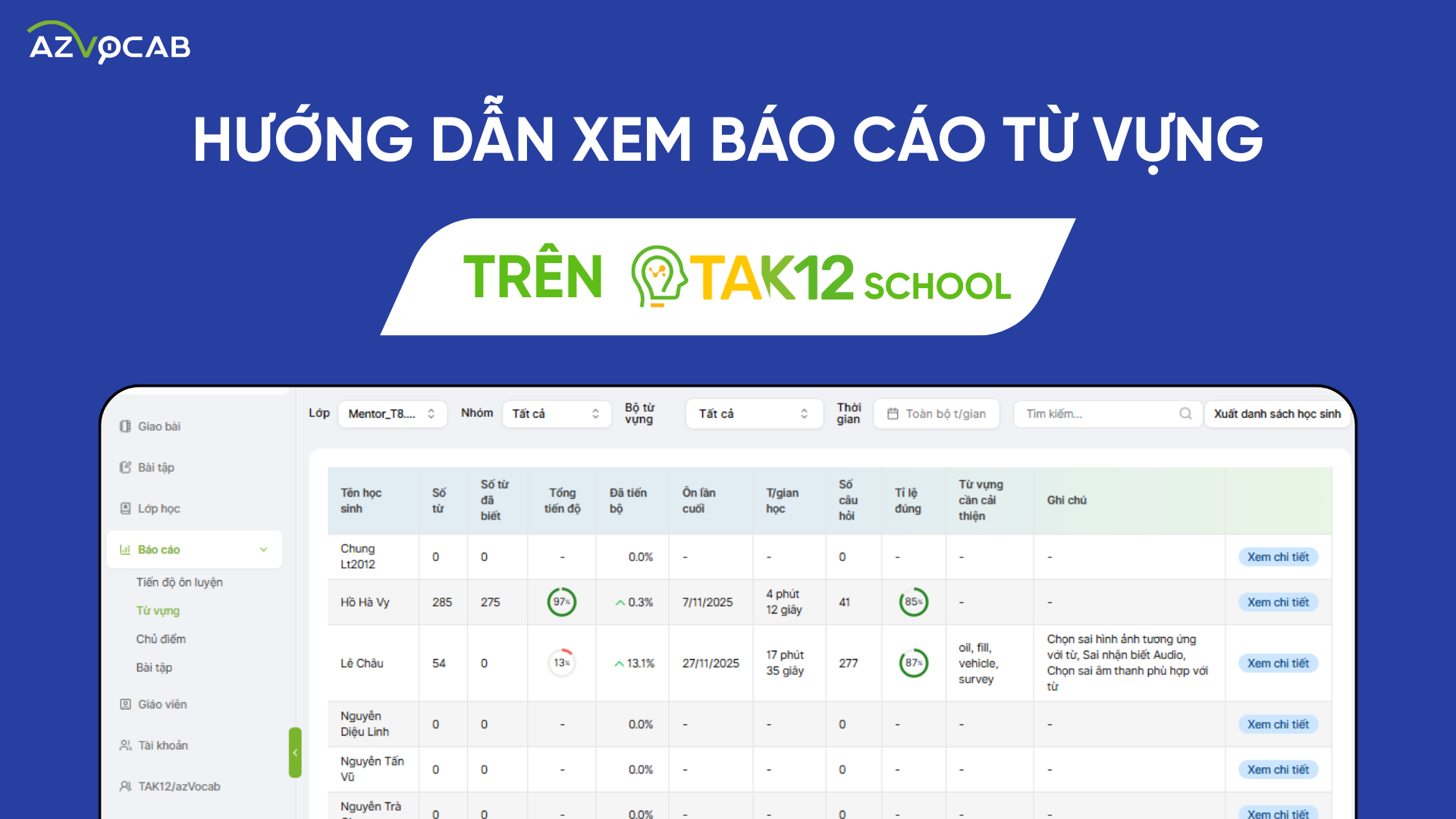 Hướng dẫn xem báo cáo từ vựng azVocab trên TAK12 School